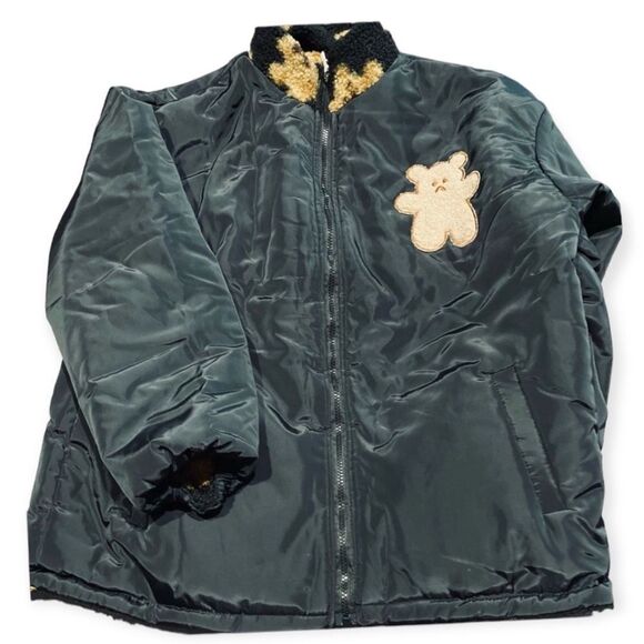 Black Puffer Coat Reversible Brown Teddy Bears Fleece Winter Outerwear - Picture 4 of 4